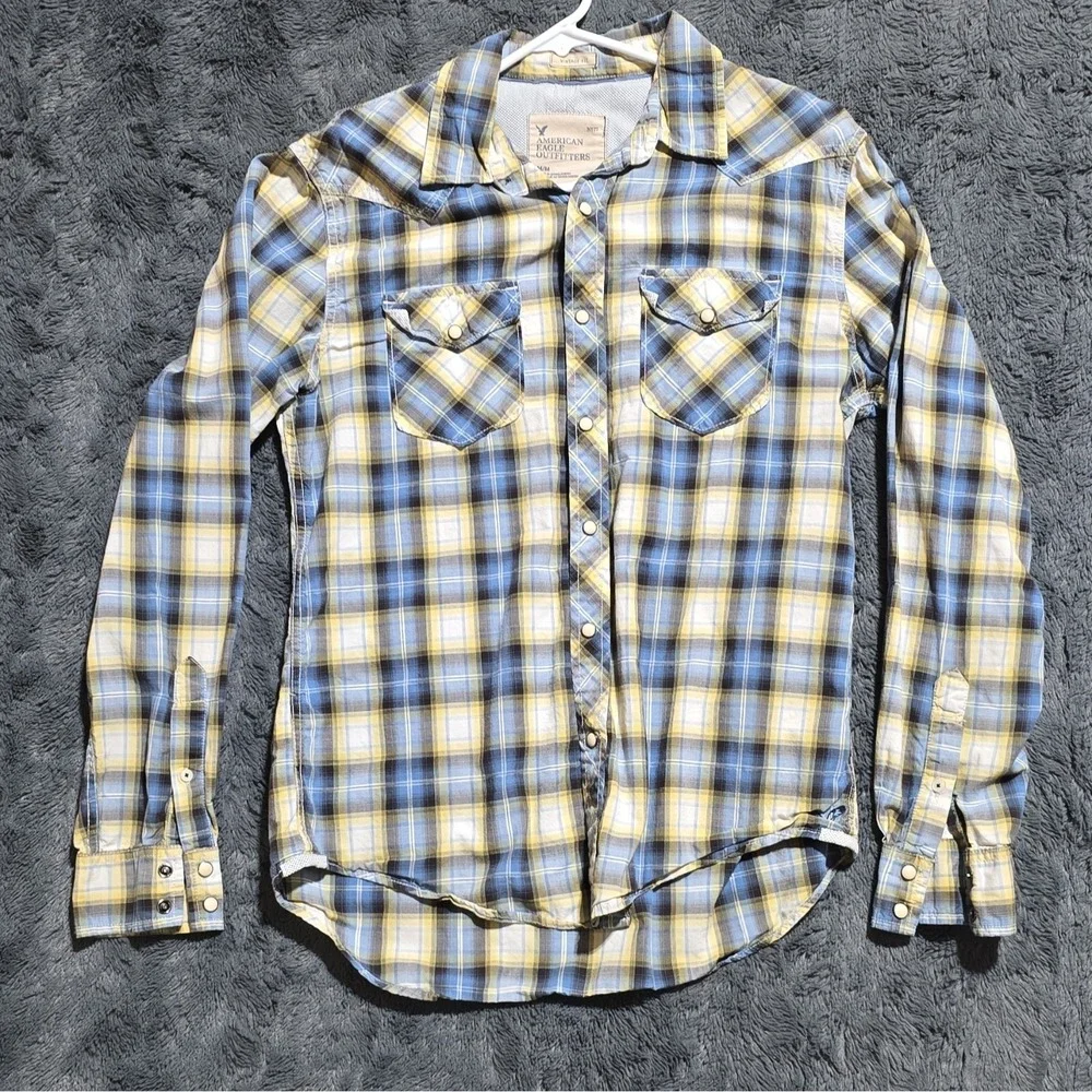 American Eagle Outfitters Vintage Fit Blue Yellow Plaid Button-Up Shirt, M